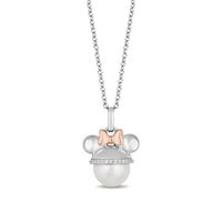 Mickey Mouse & Minnie Mouse 9.0mm Freshwater Cultured Pearl and 0.085 CT. T.W. Diamond Pendant in Sterling Silver-19"|Peoples Jewellers