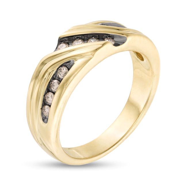 Men's 0.33 CT. T.W. Champagne Diamond Slanted Row Band in 10K Gold with Black Rhodium