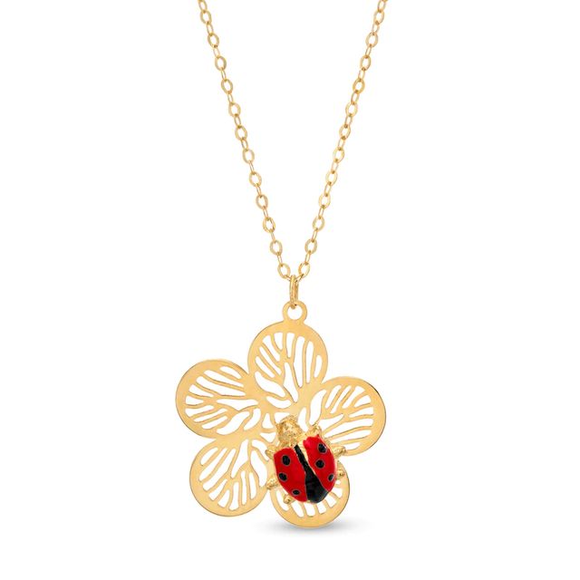 Red and Black Enamel Ladybug Cut-Out Flower Pendant in 14K Gold|Peoples Jewellers