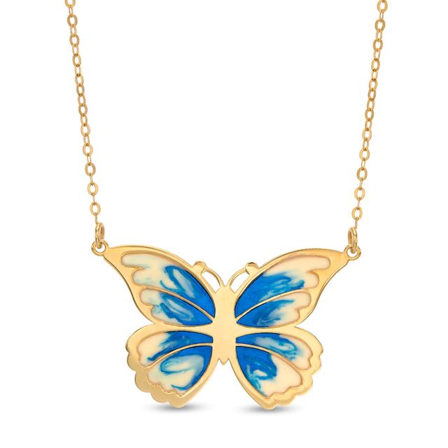 Italian Gold Blue and White Enamel Butterfly Necklace in 14K Gold