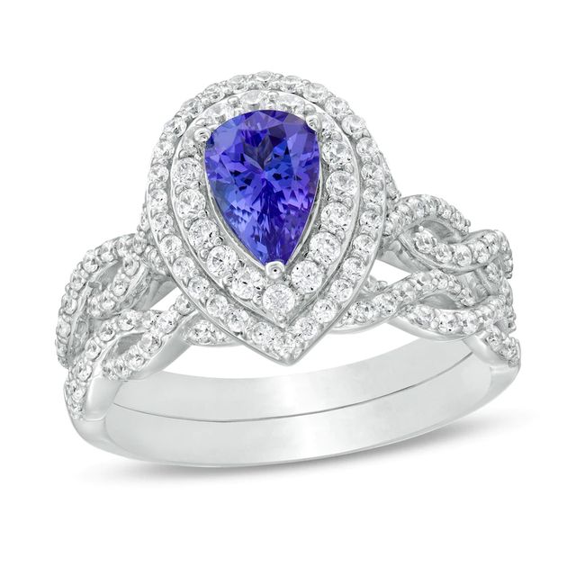 Pear-Shaped Tanzanite and 0.63 CT. T.W. Diamond Double Frame Twist Shank Bridal Set in 14K White Gold|Peoples Jewellers