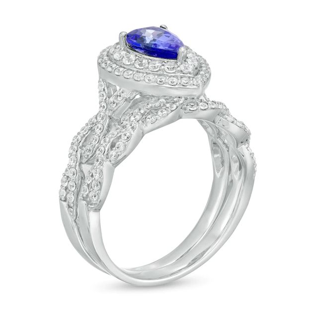 Pear-Shaped Tanzanite and 0.63 CT. T.W. Diamond Double Frame Twist Shank Bridal Set in 14K White Gold