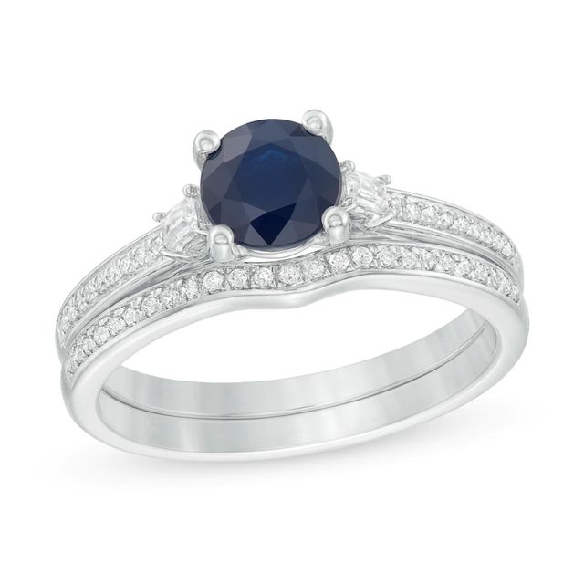 6.0mm Blue Sapphire and 0.20 CT. T.W. Diamond Bridal Set in 14K White Gold|Peoples Jewellers