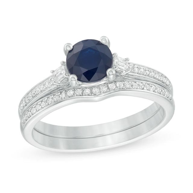 6.0mm Blue Sapphire and 0.20 CT. T.W. Diamond Bridal Set in 14K White Gold