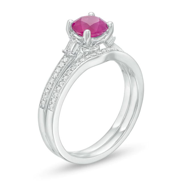 6.0mm Ruby and 0.20 CT. T.W. Diamond Bridal Set in 14K White Gold|Peoples Jewellers