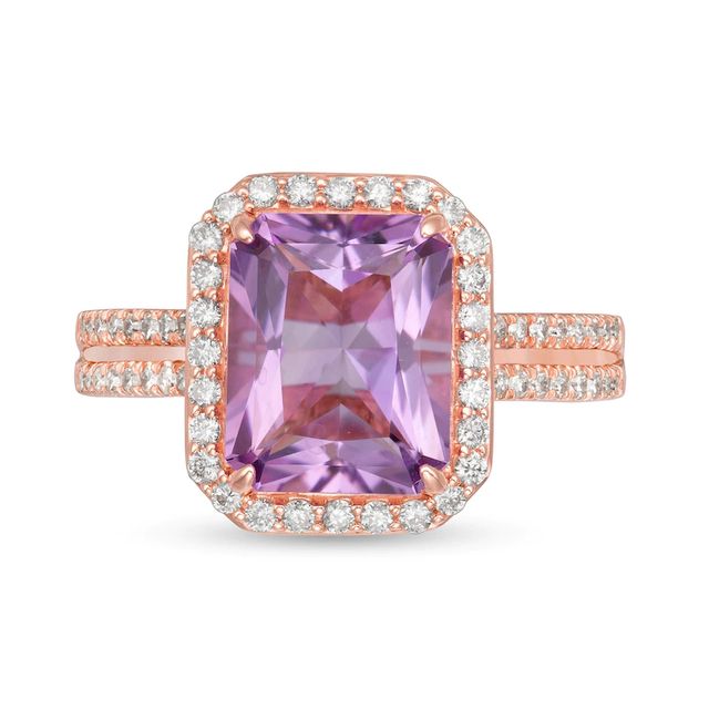 Emerald-Cut Rose de France Amethyst and 0.45 CT. T.W. Diamond Frame Double Row Engagement Ring in 14K Rose Gold|Peoples Jewellers