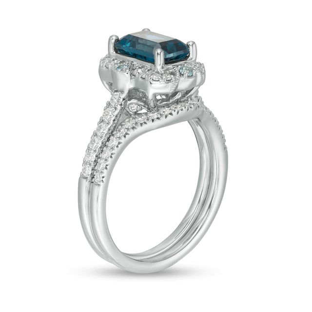 Emerald-Cut London Blue Topaz and 0.50 CT. T.W. Diamond Ornate Frame Vintage-Style Bridal Set in 14K White Gold|Peoples Jewellers