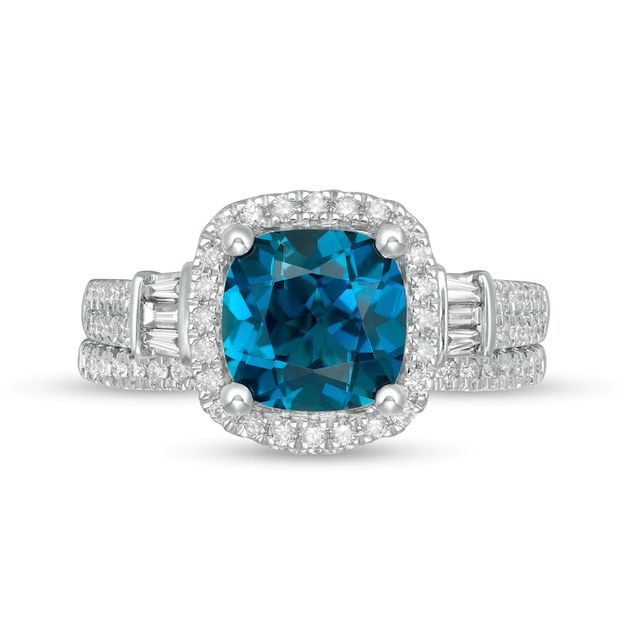 Cushion-Cut London Blue Topaz and 0.60 CT. T.W. Diamond Frame Double Row Bridal Set in 14K White Gold|Peoples Jewellers