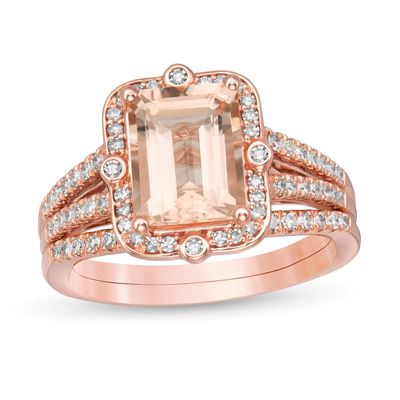 Emerald-Cut Morganite and 0.40 CT. T.W. Diamond Frame Split Shank Bridal Set in 14K Rose Gold|Peoples Jewellers