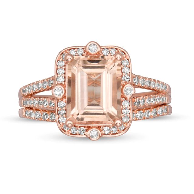 Emerald-Cut Morganite and 0.40 CT. T.W. Diamond Frame Split Shank Bridal Set in 14K Rose Gold|Peoples Jewellers