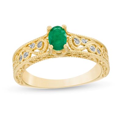 Oval Emerald and 0.05 CT. T.W. Diamond Scroll Open Shank Vintage-Style Ring in 10K Gold|Peoples Jewellers