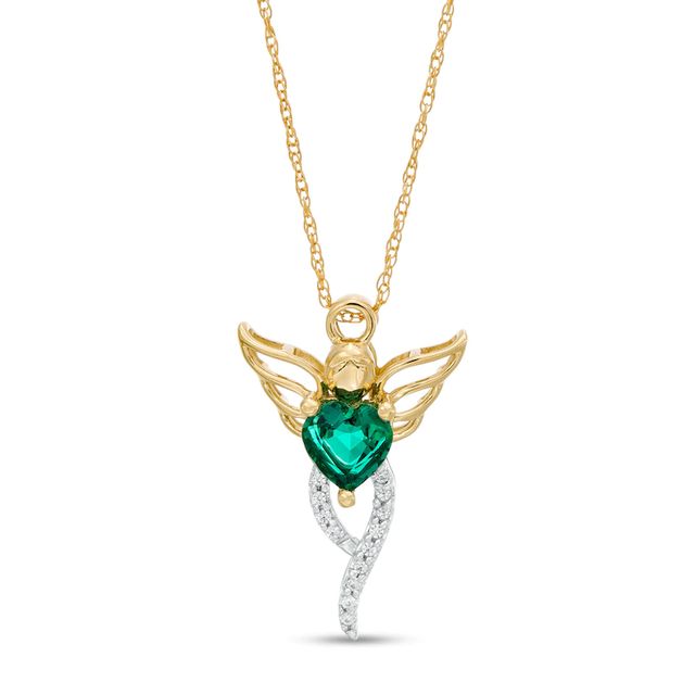 5.0mm Heart-Shaped Lab-Created Emerald and 0.04 CT. T.W. Diamond Angel Pendant in 10K Gold|Peoples Jewellers