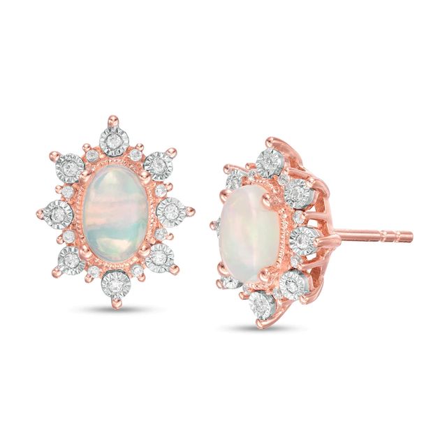 Oval Opal and 0.12 CT. T.W. Diamond Starburst Frame Vintage-Style Stud Earrings in 10K Rose Gold|Peoples Jewellers