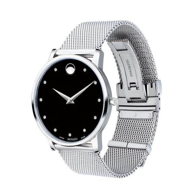 Men's Movado Museum® Classic Diamond Accent Silver-Tone Mesh Watch with Black Dial (Model: 607511)|Peoples Jewellers