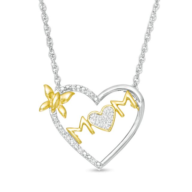 0.04 CT. T.W. Diamond Butterfly and "mom" Heart Necklace in Sterling Silver and 10K Gold|Peoples Jewellers