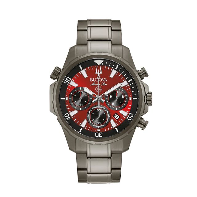 Men's Bulova Marine Star Chronograph Grey IP Watch with Red Dial (Model: 98B350)|Peoples Jewellers