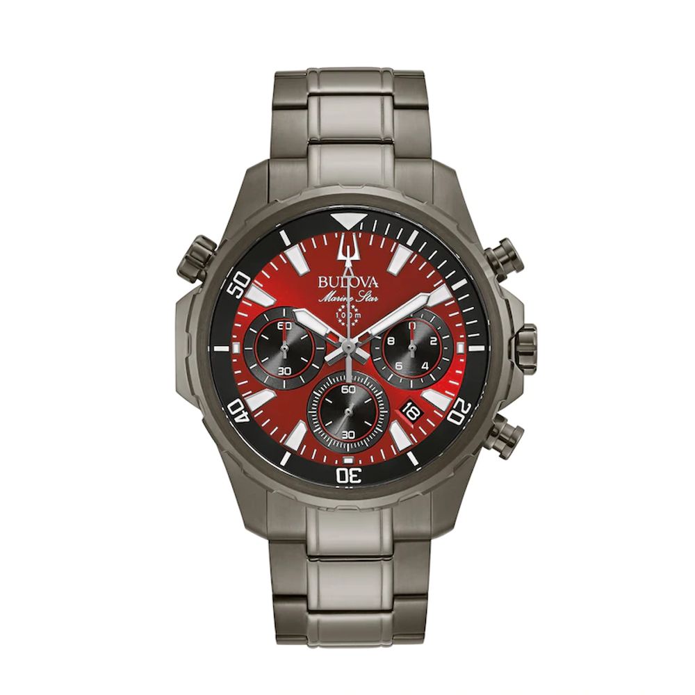 Men's Bulova Marine Star Chronograph Grey IP Watch with Red Dial (Model: 98B350)|Peoples Jewellers