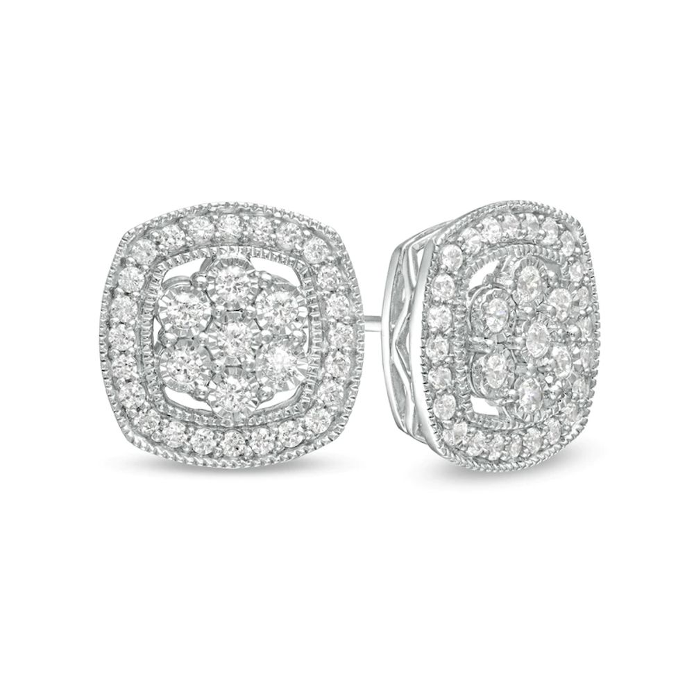 0.50 CT. T.W. Composite Diamond Cushion Frame Stud Earrings in Sterling Silver|Peoples Jewellers