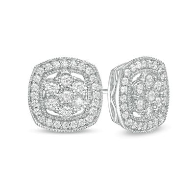 0.50 CT. T.W. Composite Diamond Cushion Frame Stud Earrings in Sterling Silver|Peoples Jewellers