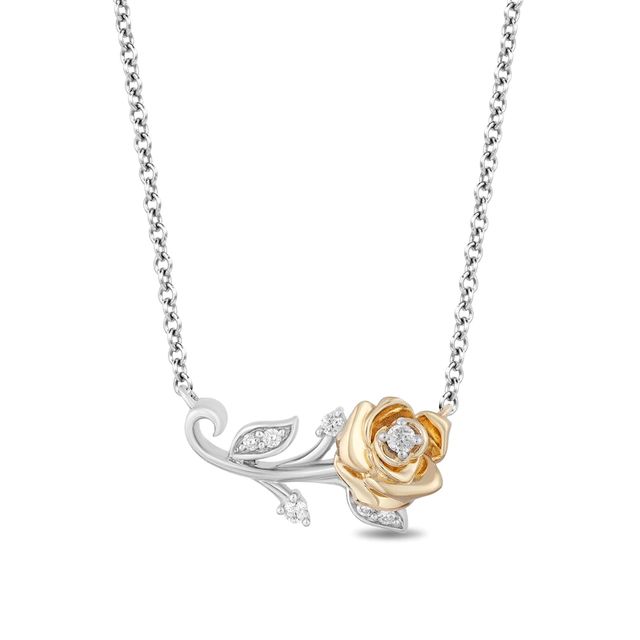 Enchanted Disney Belle 0.085 CT. T.W. Diamond Rose Bar Necklace in Sterling Silver and 10K Gold|Peoples Jewellers