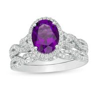 Oval Amethyst and 0.52 CT. T.W. Diamond Frame Twist Shank Bridal Set in 14K White Gold|Peoples Jewellers