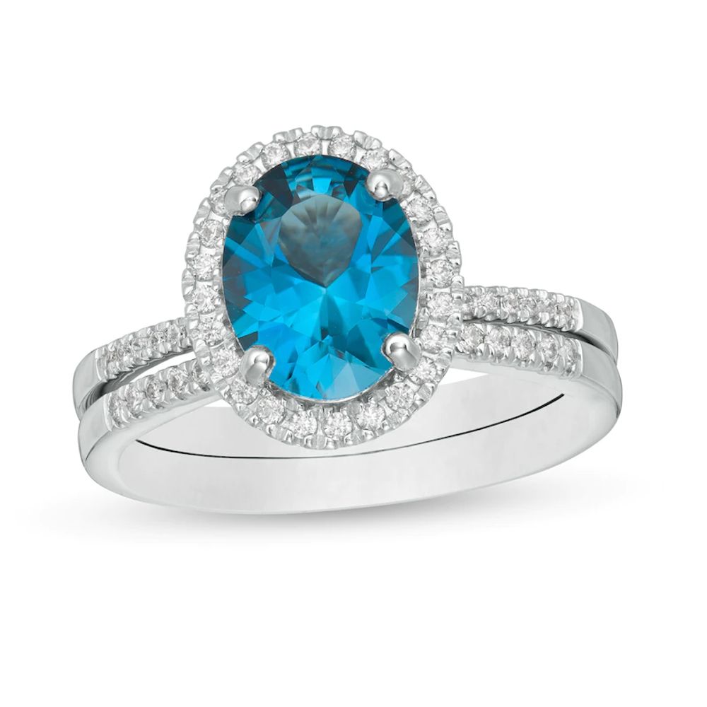 Oval London Blue Topaz and 0.31 CT. T.W. Diamond Frame Bridal Set in 14K White Gold|Peoples Jewellers