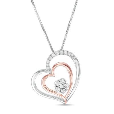 0.09 CT. T.W. Composite Diamond Double Tilted Heart Pendant in Sterling Silver with 10K Rose Gold Plate|Peoples Jewellers