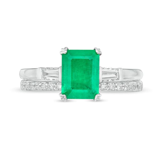 Emerald-Cut Emerald and 0.32 CT. T.W. Diamond Collar Bridal Set in 14K White Gold|Peoples Jewellers