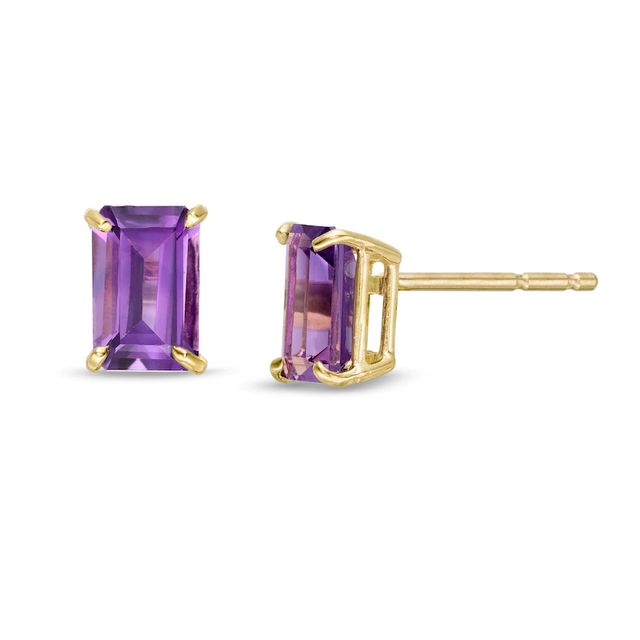 Emerald-Cut Amethyst Solitaire Stud Earrings in 14K Gold