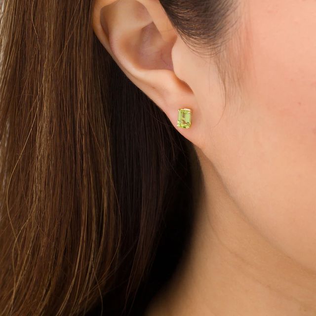 Emerald-Cut Peridot Solitaire Stud Earrings in 14K Gold|Peoples Jewellers