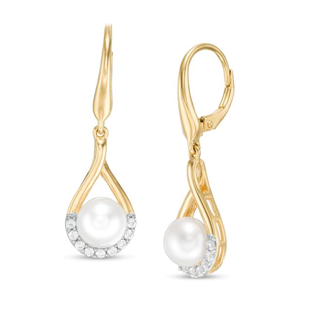 7.0mm Button Freshwater Cultured Pearl and Lab-Created White Sapphire Earrings in Sterling Silver with 14K Gold Plate|Peoples Jewellers