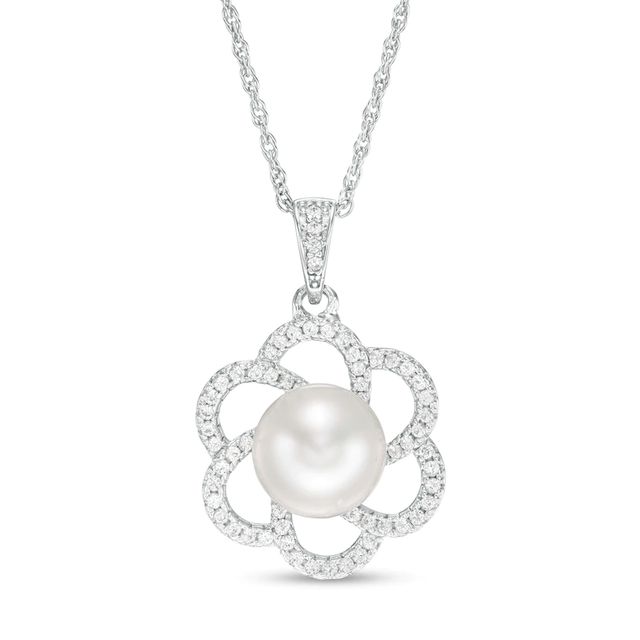 8.5-9.0mm Button Cultured Freshwater Pearl and Lab-Created White Sapphire Flower Drop Pendant in Sterling Silver|Peoples Jewellers