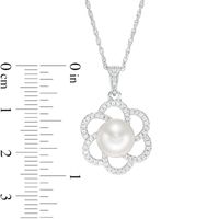 8.5-9.0mm Button Freshwater Cultured Pearl and Lab-Created White Sapphire Flower Drop Pendant in Sterling Silver|Peoples Jewellers