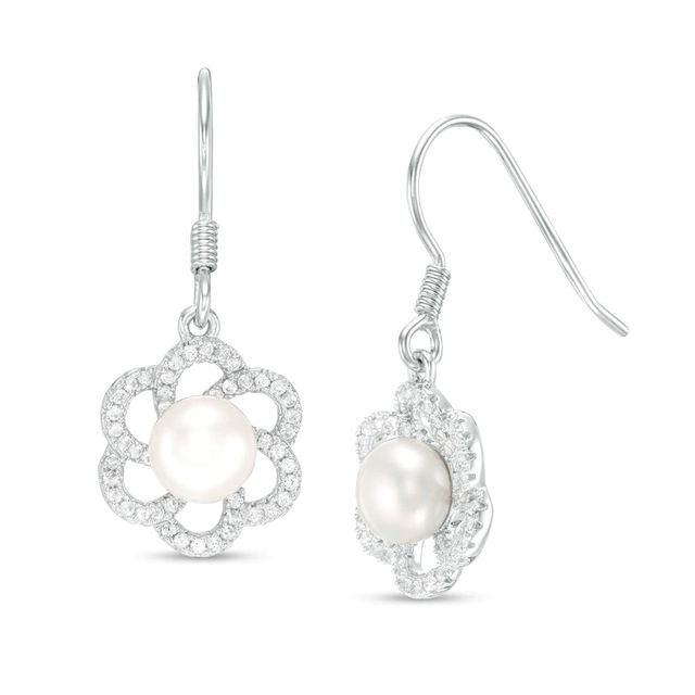 6.5-7.0mm Button Freshwater Cultured Pearl and Lab-Created White Sapphire Flower Drop Earrings in Sterling Silver|Peoples Jewellers