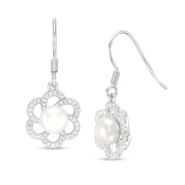 6.5-7.0mm Button Freshwater Cultured Pearl and Lab-Created White Sapphire Flower Drop Earrings in Sterling Silver