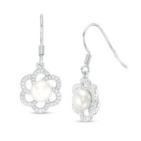 6.5-7.0mm Button Freshwater Cultured Pearl and Lab-Created White Sapphire Flower Drop Earrings in Sterling Silver|Peoples Jewellers