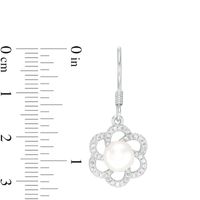 6.5-7.0mm Button Freshwater Cultured Pearl and Lab-Created White Sapphire Flower Drop Earrings in Sterling Silver|Peoples Jewellers