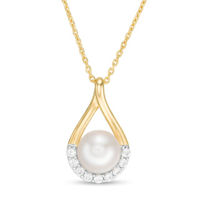 8.0mm Button Cultured Freshwater Pearl and Lab-Created White Sapphire Pendant in Sterling Silver with 14K Gold Plate|Peoples Jewellers