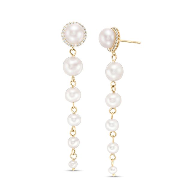 2.5-7.0mm Freshwater Cultured Pearl and Lab-Created White Sapphire Graduated Drop Earrings in 10K Gold