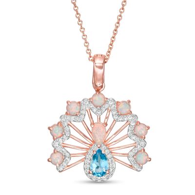 Swiss Blue Topaz, Lab-Created Opal and White Sapphire Peacock Pendant in Sterling Silver with 18K Rose Gold Plate|Peoples Jewellers