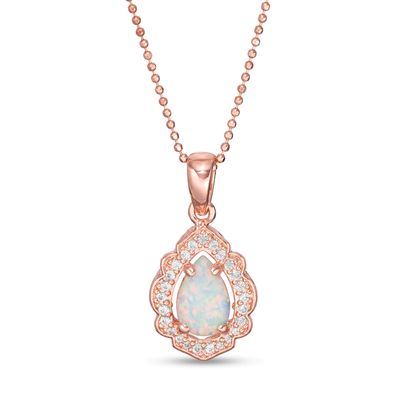 Pear-Shaped Lab-Created Opal and White Sapphire Scallop Frame Pendant in Sterling Silver with 18K Rose Gold Plate|Peoples Jewellers