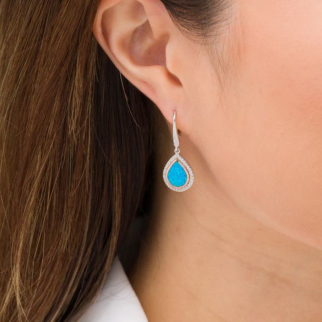 Pear-Shaped Lab-Created Blue Opal and White Sapphire Teardrop Earrings in Sterling Silver with 14K Rose Gold Plate