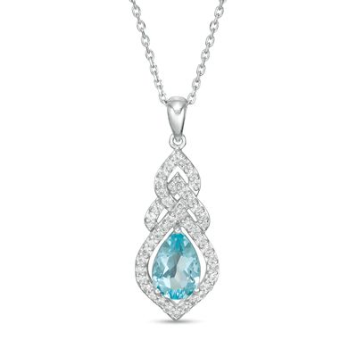 Pear-Shaped Swiss Blue Topaz and Lab-Created White Sapphire Interwoven Drop Pendant in Sterling Silver|Peoples Jewellers