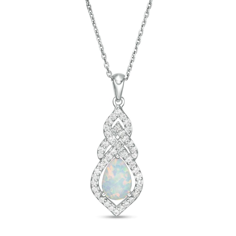 Pear-Shaped Lab-Created Opal and White Sapphire Interwoven Drop Pendant in Sterling Silver|Peoples Jewellers