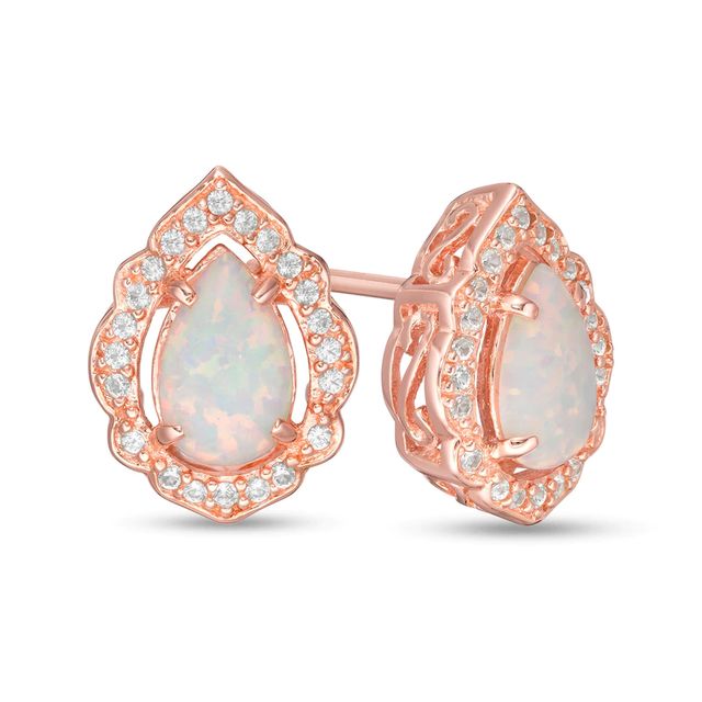 Pear-Shaped Lab-Created Opal and White Sapphire Scallop Frame Stud Earrings in Sterling Silver with 18K Rose Gold Plate|Peoples Jewellers
