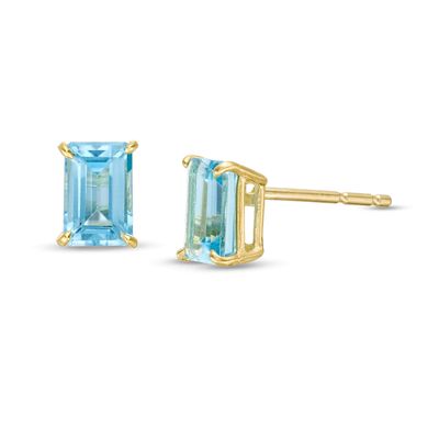 Emerald-Cut Blue Topaz Solitaire Stud Earrings in 14K Gold|Peoples Jewellers