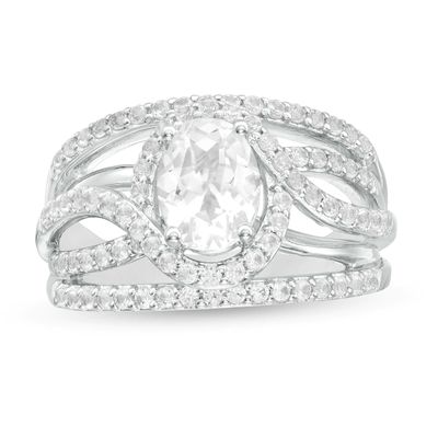 Oval Lab-Created White Sapphire Bypass Frame Open Shank Ring in Sterling Silver|Peoples Jewellers