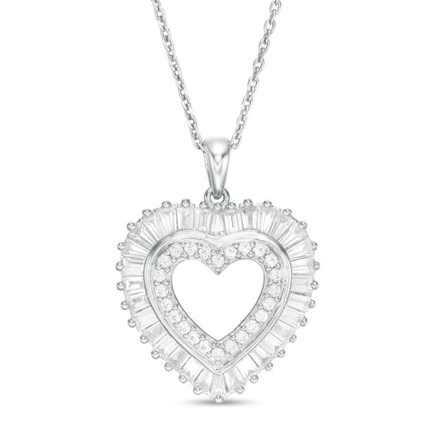 Baguette-Cut and Round Lab-Created White Sapphire Double Heart Pendant in Sterling Silver|Peoples Jewellers