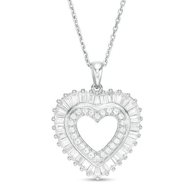 Baguette-Cut and Round Lab-Created White Sapphire Double Heart Pendant in Sterling Silver|Peoples Jewellers