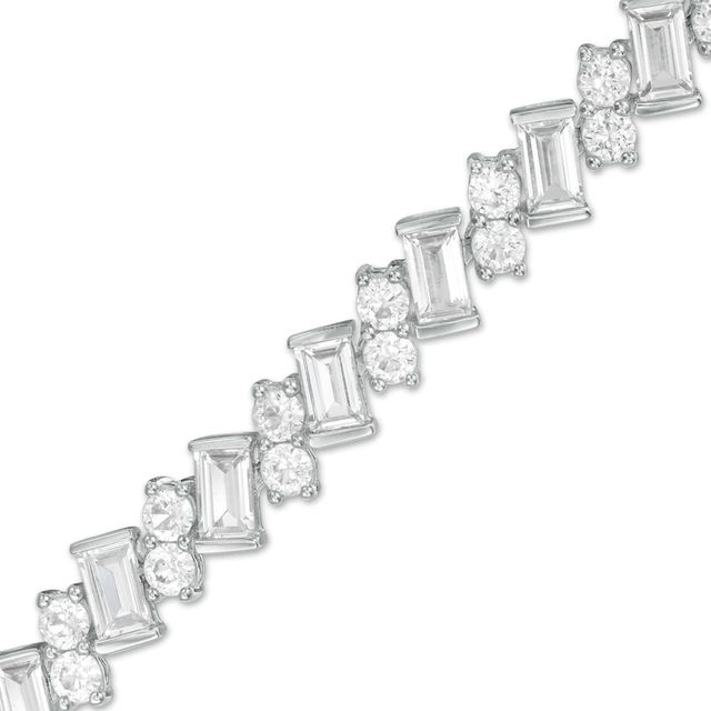 Slanted Baguette-Cut and Round Lab-Created White Sapphire Tennis Bracelet in Sterling Silver - 7.25"